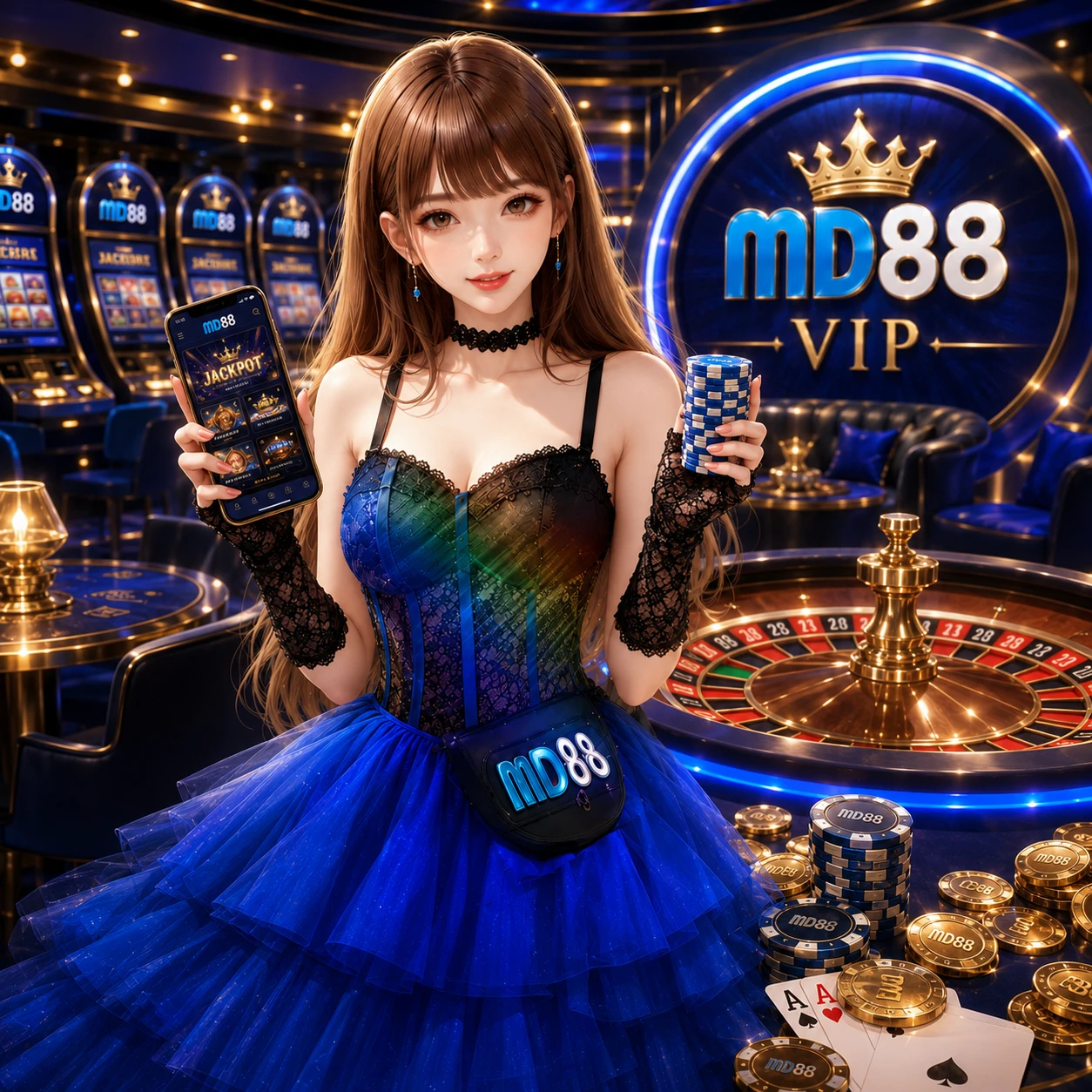 MD88 Promotions hero visual featuring a layered composition of bonus value elements — large percentage numbers (88%, 100%, 288%), MYR currency symbols, free spin reels, and cashback coin stacks — arranged dynamically with brand color glow effects over deep blue background, conveying high-value reward atmosphere