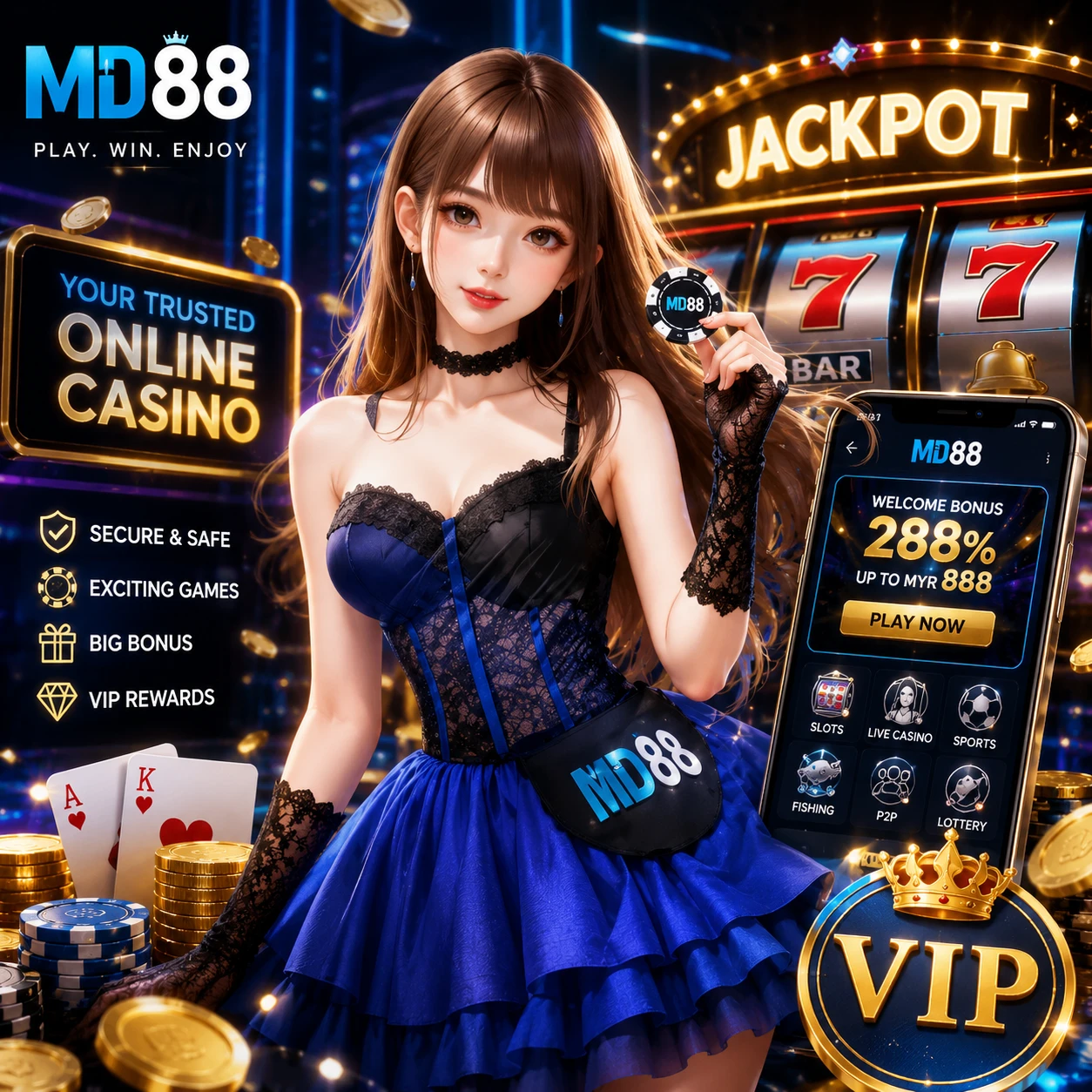 MD88 Live Casino hero visual featuring a professional female live dealer mid-deal at an elegantly lit baccarat table with HD studio lighting