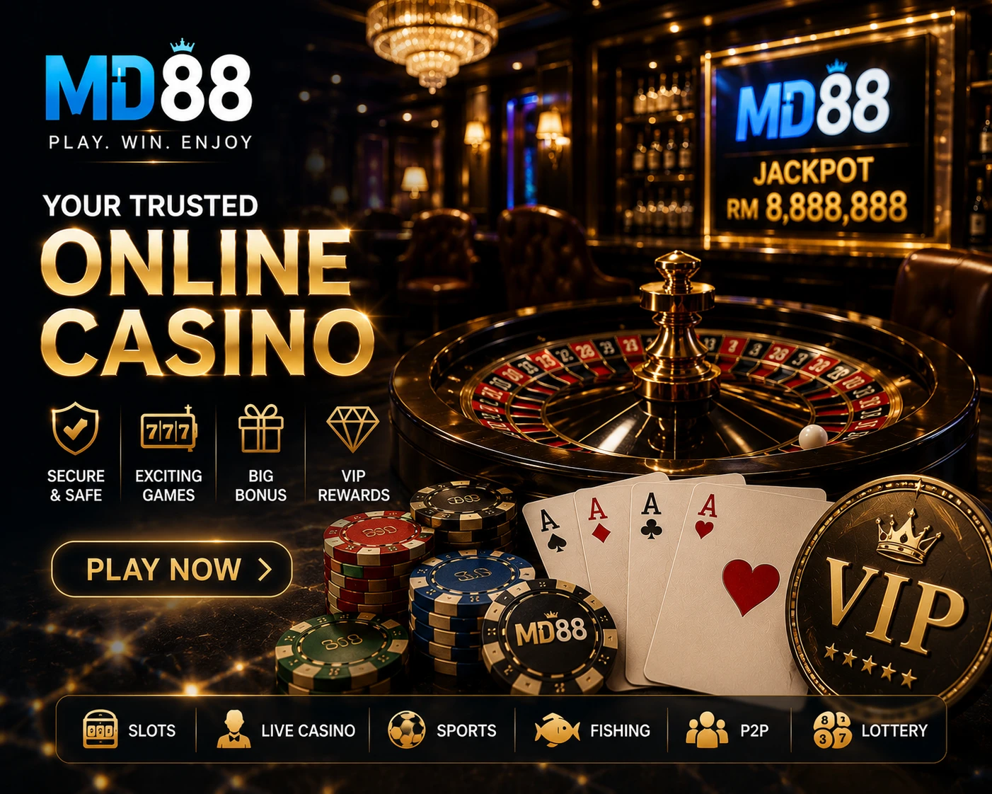 MD88 Games hub hero visual showing a layered composition of multiple game category elements (slot reels, live dealer table, sports scoreboard, fishing scene, 4D lottery numbers, esports controller, crash multiplier graph) arranged in a dynamic collage with brand color glow