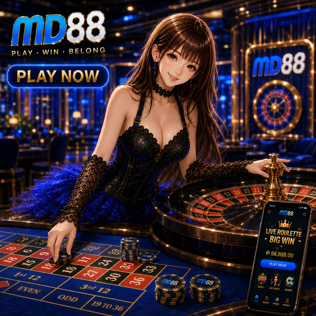 MD88 mobile app hero visual showing a sleek smartphone displaying the MD88 home screen with games carousel, lit against a dark background with brand color glow