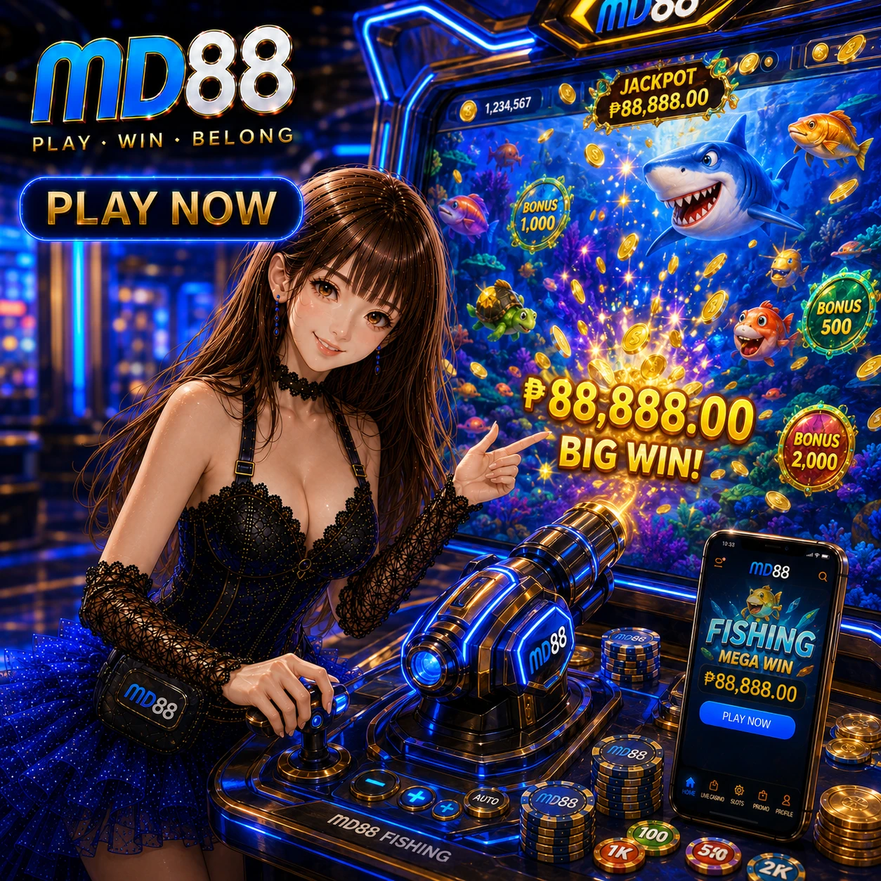 MD88 Slots hero visual featuring dynamic composition of multiple iconic slot reels mid-spin with symbols like olympus deities, sweet candies, and golden coins